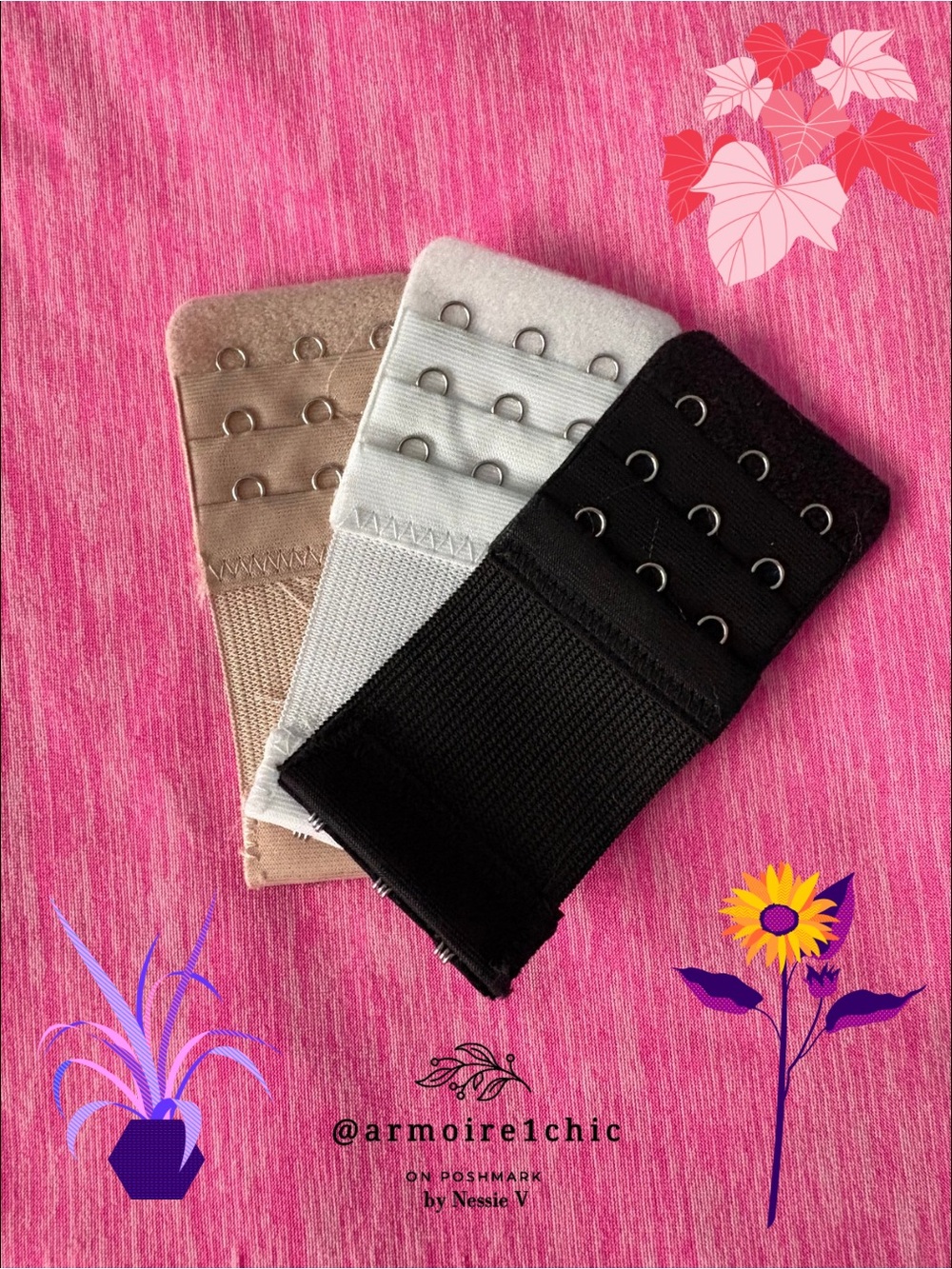 3 PIECE BRA EXTENDER SET | beige white & black made for a 3 hook Full Figure Bra